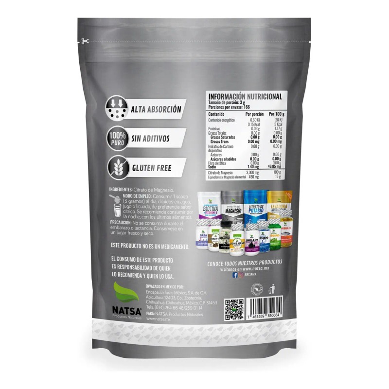 500 Grs Citrato Magnesio Potasio Sabor Natural