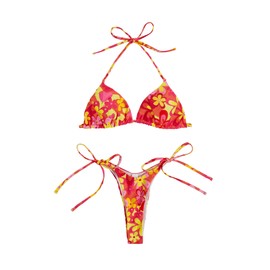 SweatyRocks Traje de baño de 2 piezas con parte superior halter y triángulo acanalado para mujer, Multi Amarillo Rosa, Medium