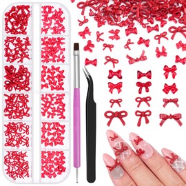 1 Box Red Mini Bow Nail Charms,3D Resin Bows Charms Cute Flat Back Nail Bow Tiny Bowknot with Pickup Tools for Women Nail Decoration Crafts DIY