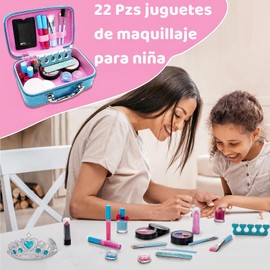 Shoonlo Juguetes de Maquillaje para Niñas, Kit de Maquillaje para Niñas Lavables, Estuche de Cosméticos para Princesa, Juego de Simulación Seguro y No Tóxico, Regalos para Niñas de 3+ Años (Azul)