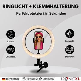 TronicXL Ringlicht 10 Zoll + Klemmhalterung Klemmstativ für Tisch Selfie Influencer Lampe Leuchte LED für TikTok YouTube Instagram Foto Video Handyhalterung Smartphone Handy