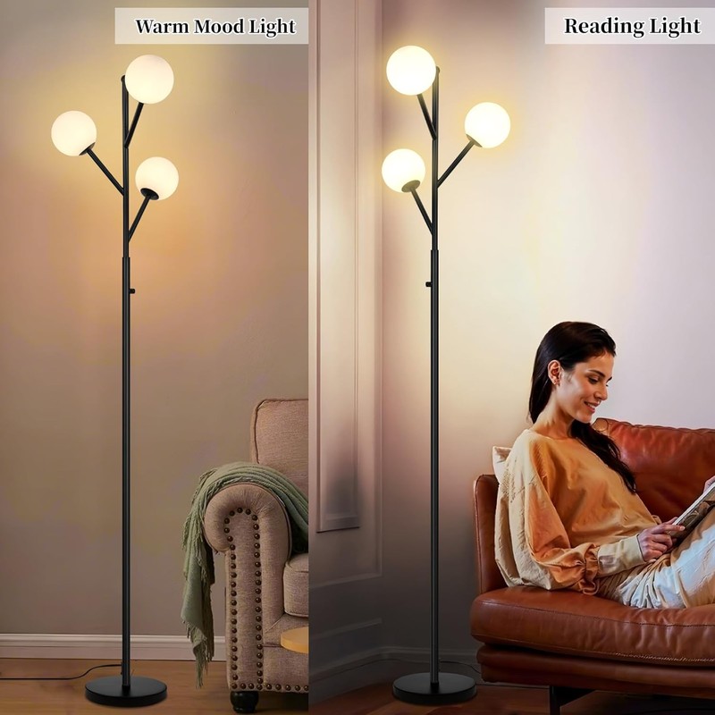 3-Globe Mid Century Black Tree Floor Lamp for Living Room,70in