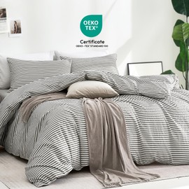 JELLYMONI 100% Natural Cotton 3pcs Striped Duvet Cover Sets with Zipper Closure & Corner Ties, White Comforter Cover with Grey Stripes Pattern Printed (Full Size)