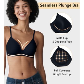 ZYQEXA Seamless Wireless Bra for Women with Support - No Underwire Plunge Push Up Full Coverage Comfort Tshirt Bras - Crisscross Convertible Sleep Bralette, Black, 38B