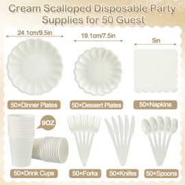 Newtay 350 Pcs Scalloped Paper Plates Shell Edge Disposable Tableware Cocktail Napkins Cups Plastic Spoons Forks Knives for Wedding Baby Shower Picnic Birthday Party Supply for 50 Guests (Cream White)