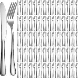 Nuenen 100 Pcs Stainless Steel Forks Dinnerware Set, Dinner Forks and Dinner Knives Flatware Set Tableware Cutlery Set for Butter Kitchen Restaurant Hotel Home, Dishwasher Safe (Silver,9.06", 8.07")