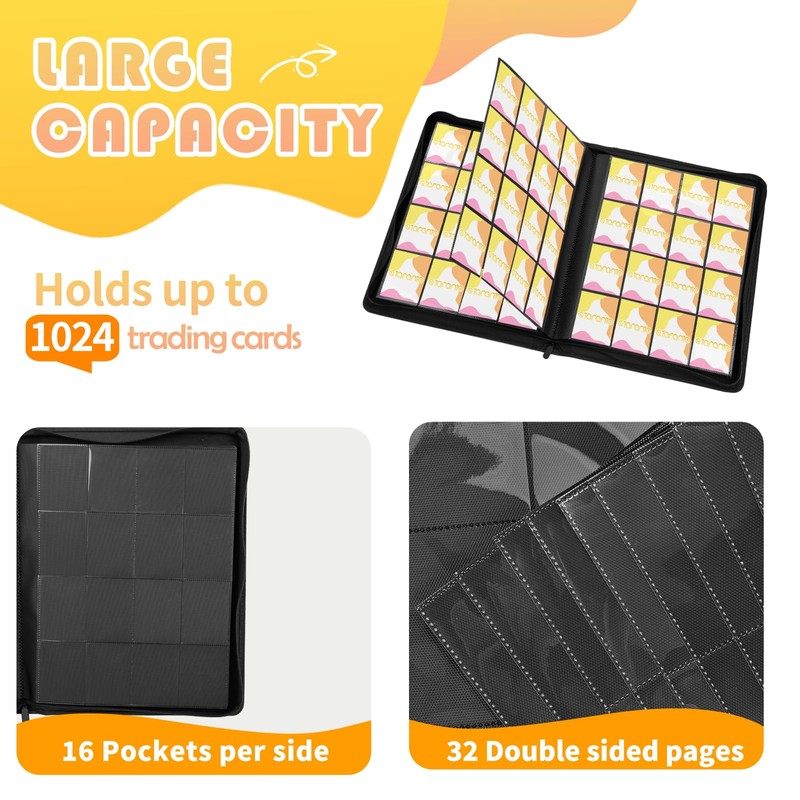 Premium 1000+ Pockets Trading Card Binder, 16-Pocket Ringless Side-Loading Album