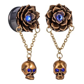 Kolach 1 Pair Retro Flared Ear Gauges Piercing Stainless Steel Flower Skeleton Pendant Dangle With Drill Earrings Tunnel Plugs 6mm to 16mm.