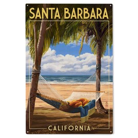 Lantern Press 10x15 Inch Wood Sign, Ready to Hang Wall Decor, Santa Barbara, California, Hammock and Palms