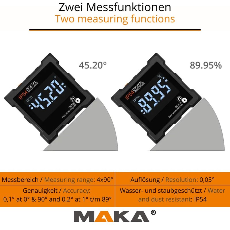 MAKA Digital Inclinometer, Accuracy from 0.1° to 0.2°, Magnets on
