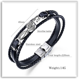 Xusamss Braided Leather Cuff Bracelet Stainless Steel Treble Clef Music Note Bracelet Men Wristband Music Themed Wrist Fashion Jewelry(Black)