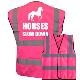 Bright Pink High Visibility Vest with White Text HORSES SLOW DOWN WITH IMAGE- HORSE RIDING By Brook Hi Vis Small