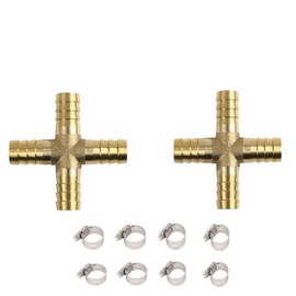 Kenhihi 2 Pcs 5/16 "(8mm) brass hose barb joint 4-way cross barb splicing repair union, with 8 oil water air hose clamps, (＋type 8mm)
