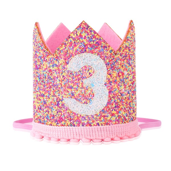 Aster Baby Girls 3rd Birthday Hat Princess Girls 3 Years Birthday Crown, Adjustable 3rd Birthday Hat Baby Crown for Kids Baby Girls Third Birthday Party Pink