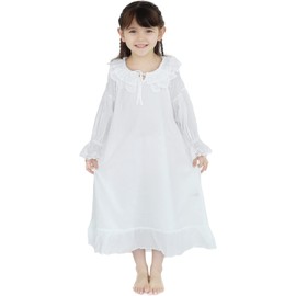 610 YOU Floor Length Long Sleeve Girls Nightgowns, White Vintage Night Gowns for Kids Girl, Cotton Pajama Dress, 10-12 Years