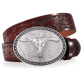 JKEEMI Western Belt Cowboy Belts for Men Women, Cowboy Belt Bull Buckle with Printed Engraved, Western Leather Belts