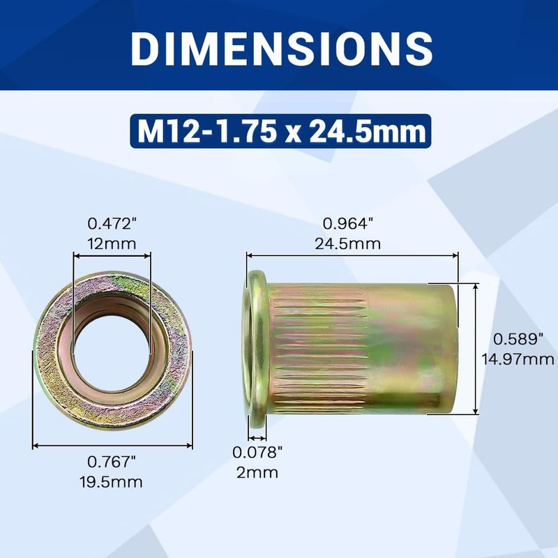 M12-1.75 Flat Head Rivet Nuts, Carbon Steel Yellow Zinc Knurled