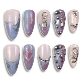 Handmade Nails Press On Small Almond Reusable Unique Fake Nails, Artistic Design, Thick Acrylic and Muti-Layer Gel False Nails Stick On Size S