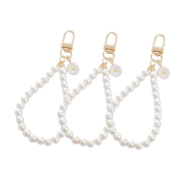 JIHUOO 3 Pcs Faux Pearl Keychain Flower Charm Keyring Hand