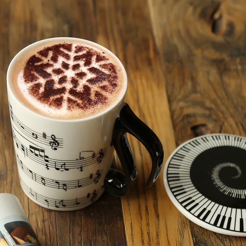 Cisixin Unique Ceramic Coffee Cups with Lid Staves Music Notes
