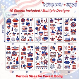 100PCS 4th of July Temporary Tattoos Set, Patriotic USA Flag Stickers for Independence Day Party, Red White Blue Body Tattoos for Kids, Adults, Class Prizes & Party Favors (C Style)