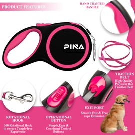 PINA Retractable Dog Leash, 26ft Dog Leash for Small Medium Large Dogs Up to 110lbs, 360° Tangle-Free Strong Reflective Nylon Tape, with Anti-Slip Handle, One-Handed Brake, Lock - Black Pink