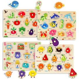 Wooden Peg Puzzles for Toddlers, 4 PCS Toddler Puzzles Set-Fruits, Sea Animals, Home Appliances, Vegetables, Baby Puzzle Montessori Toys for 3 4 5 Years Boys Girls, Kids Preschool Learninng Toys Gift