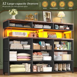 Romorgniz Dresser for Bedroom with Charging Station and LED Lights, Fabric Dressers & Chest of Drawers, Dresser TV Stands for Living Room, Open Shelves, 10MM Thick Acrylic Sheet, Brown