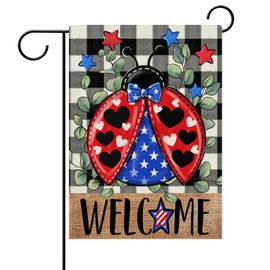 Dyrenson Welcome 4th of July Ladybug Patriotic Decorative Garden Flag, America Buffalo Plaid Check Leaves Yard Outside Home Decoration, American USA Farmhouse Outdoor Small Decor Double Sided 12 x 18