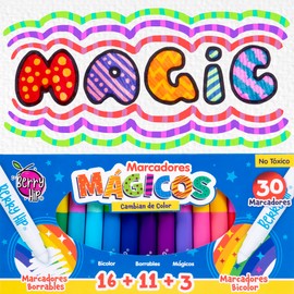 Berry Hip Plumones Mágicos, 30 Marcadores que Cambian de Color y se Borran. Contiene 16 Marcadores que Cambian de Color, 11 Marcadores Borrables y 3 Marcadores Mágicos