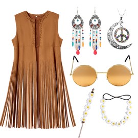 Puddry 60s 70s hippie costume women's set, hippie fringe vest accessories, hippie clothing women's costume, 70s clothing women, disco outfit carnival fancy dress costume women