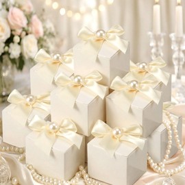 Motiskyy 50 Pcs Wedding Small Party Favor Boxes with Pearl Bow 2.36 x 2.36 x 2.36 Inch Ivory White Chocolate Treat Gift Mini Candy Boxes Wedding Souvenirs for Guests Bridal Shower Birthday Party