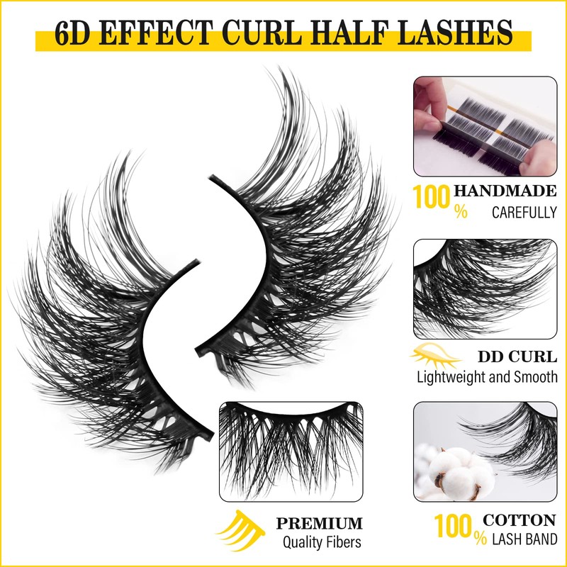 False Eyelashes Natural Half Lashes, 6D Cat Eyelashes Dramatic Fluffy