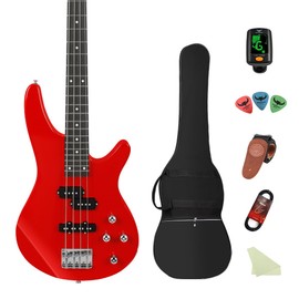 Electric Bass Guitar 4 Strings Full-Size Standard Bass PB-Style Beginner Kit Black for Starter with Gig Bag Guitar Strap and Guitar Cable (IB-red)