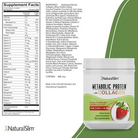 NaturalSlim Metabolic Protein Powder with Collagen Strawberry - Hydrolyzed Collagen Protein Powder for Hair, Skin, Bone, and Joint - Low Carb Meal Replacement Shake Mix - 17.6 oz