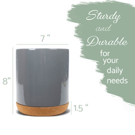 Elanze Designs Glossy X-Large Ceramic Stoneware Cork Bottom Kitchen Utensil Holder, Grey