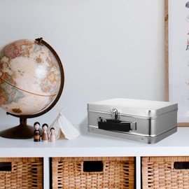 Alipis Tinplate Storage Box with Lock, Hinged Lid Trinket Box PU Leather Handles Jewelry Storage Case Keepsake Box Silver