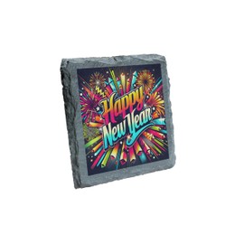 Festive Happy New Year Slate Coaster - Colorful Fireworks Celebration Design (slco-ds24-hnyrg)