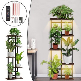 Plant Stand with Grow Lights Multiple Flower Planter Pot Holder Shelf Rack Display for Patio Garden Corner Balcony Living Room (5 Tiers Black Oak)