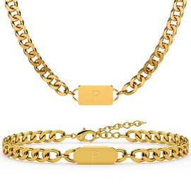 2PCS Initial Letter Cuban Necklace Bracelet, A-Z Letter Pendant Gold Cuban Link Chain for Men Women Jewelry Set for Him P