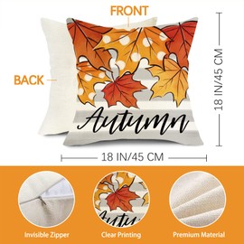 Fjfz Happy Fall Y'all Pumpkin Patch Decorative Throw Pillow Covers 18 x 18 Set of 4, Autumn Maple Leaves Porch Outdoor Home Decor, Orange Polka Dots Stripes Thanksgiving Farmhouse Couch Cushion Case