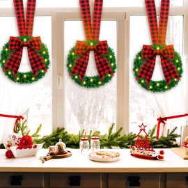 Jutom 4 Pcs Lighted Christmas Wreath 10 Inch Artificial Christmas Wreath with Plaid Ribbon Bow Farmhouse Cabinet LED Light Wreath for Windows Front Door Gate Party Chair Decorations (Red and Black)