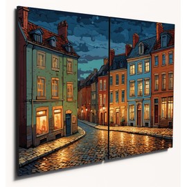 The Plum Penguin Rustic Autumn Dusk Townhouses Wall Art A4 Twin Set Printed on 6mm Wood MDF Canvas Alternative 40 x 30cm