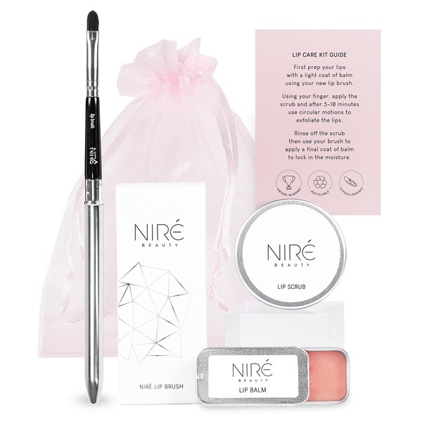 Niré Beauty Lip Care Set - Strawberry Lip Scrub Exfoliator, Natural Lip Balm, Pro Lip Brush with Gift Bag and Guide