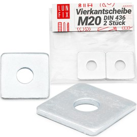 Lun Fix Square Washer M20 60 x 60 x 5.0 mm - DIN 436 | Pack of 2 | Square Washer Galvanised Steel, Flat Square Washers for Bolts Threaded Rods, Rectangular Washers with Round Hole