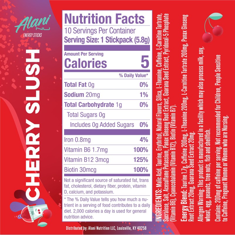 Alani Nu CHERRY SLUSH, Energy Sticks Drink Powder, 200mg Caffeine,