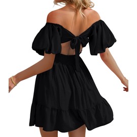 Phortric Womens Tie Back Summer Dress Square Neck Short Sleeve Off Shoulder A-Line Casual Mini Dresses(Black,XX-Large)