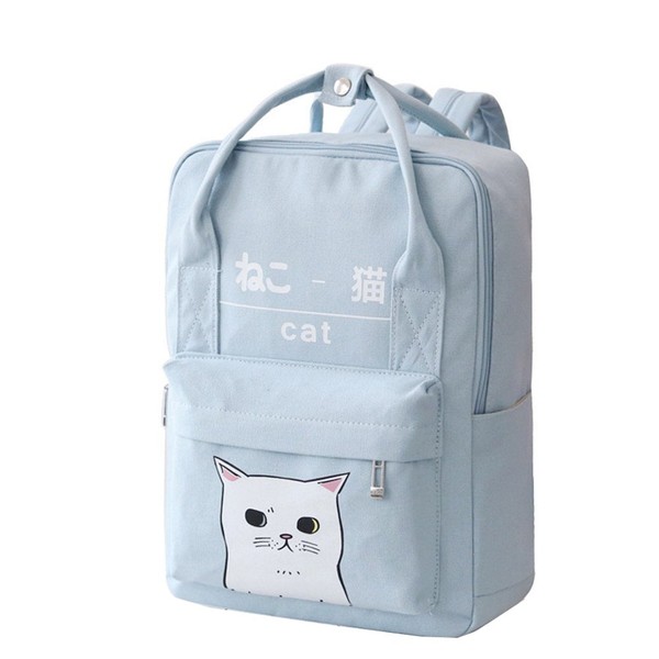e-youth Women Girls Japanese And Korean Style Bags Kawaii Cat Canvas School Backpack (Blue) One Size