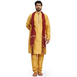 SKAVIJ Men's Dupion Silk Embroidered Kurta Pajama Scarf Set Ethnic Motifs 3-Piece Festive Dress (KP030gold_Gold_XL)