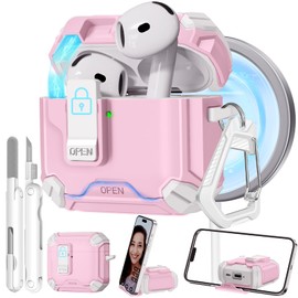for AirPods 4 Case, 【Built-in Invisible Bracket】 Secure Lock Case [Compatible with MagSafe] for AirPods 4th Generation 2024 wiht Cleaning Kit, Auto-Open, Military Grade Protective(Pink+White)